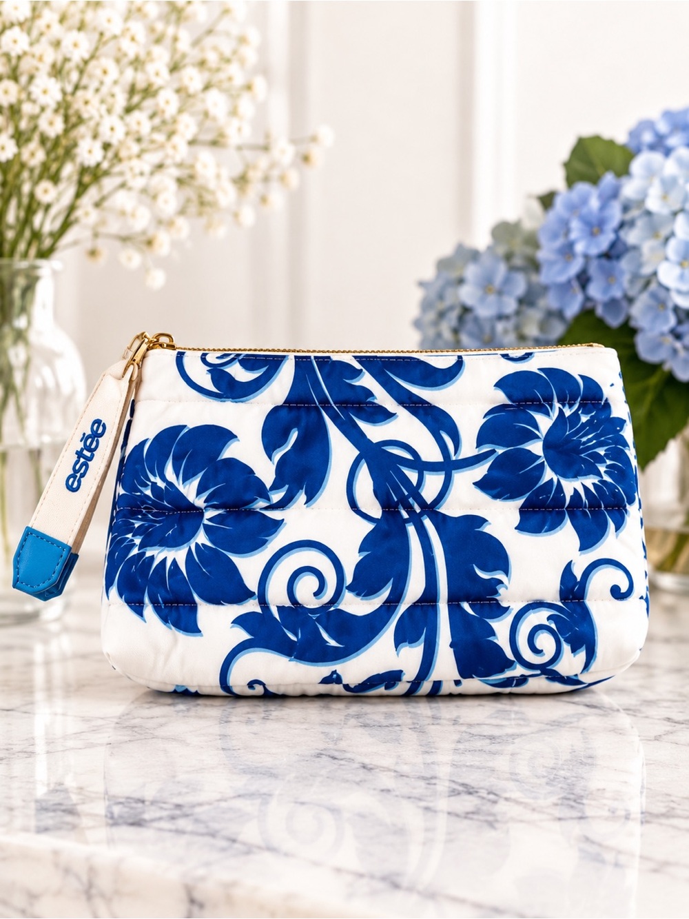 Estée Lauder Blue Floral Quilted Makeup Bag Pouch New